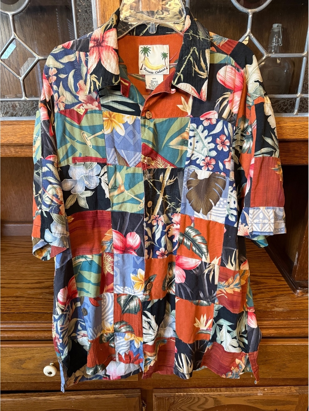 Banana Cabana 100% Silk Patchwork Hawaiian Shirt Men’s Size M Tropical Button Up